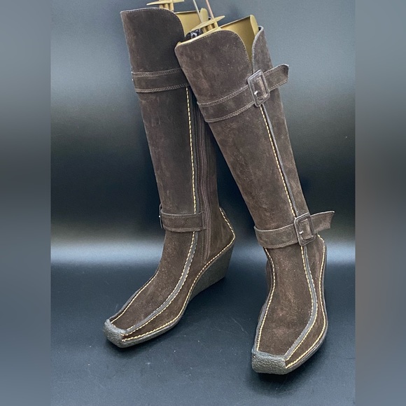 Pons Quintana Tall Brown Suede Zip-Up Wedge Boots w/ Buckles, Excellent! - Picture 9 of 12